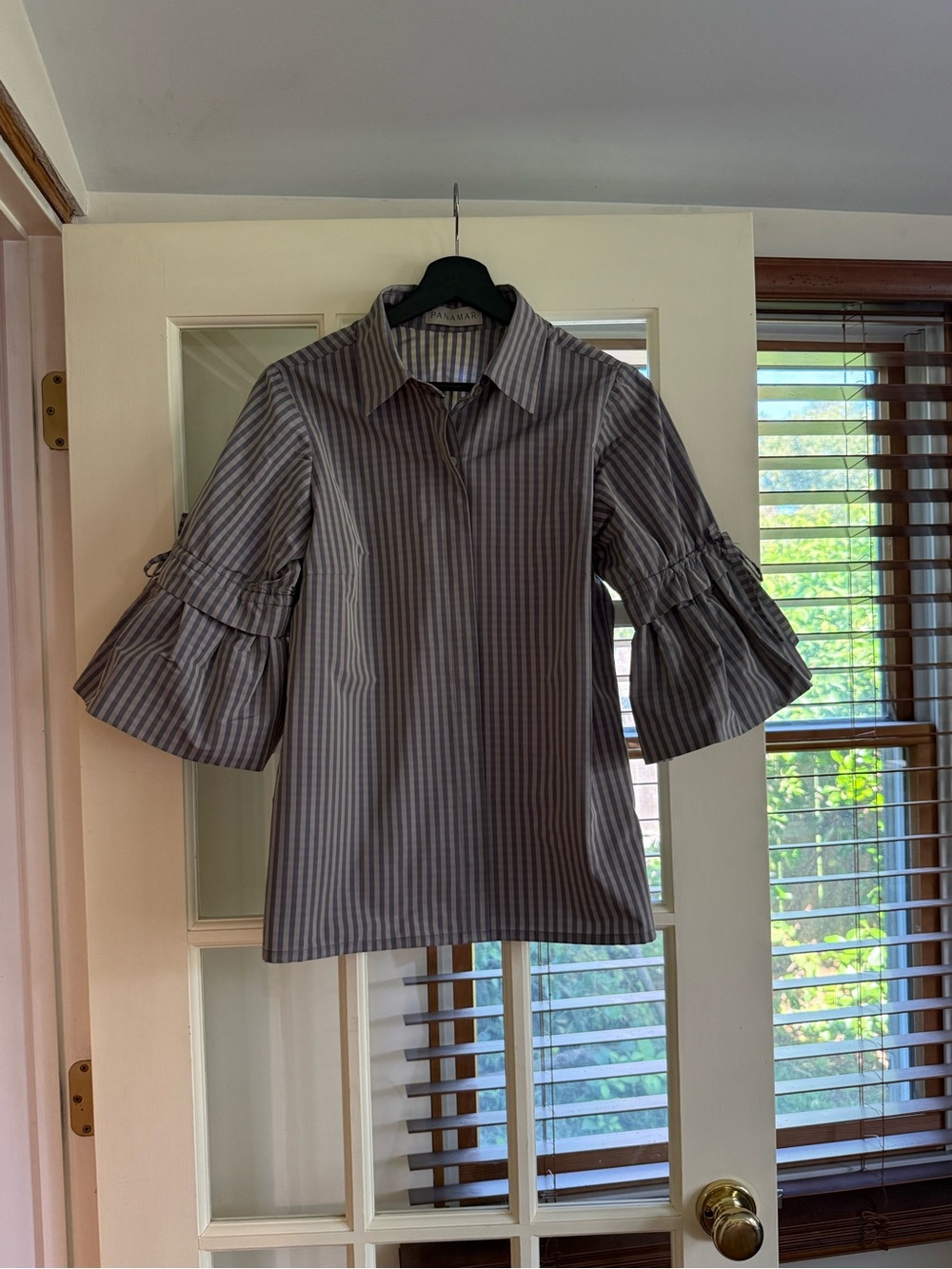 Ruffled Bell-Sleeve Striped Blouse - Gray